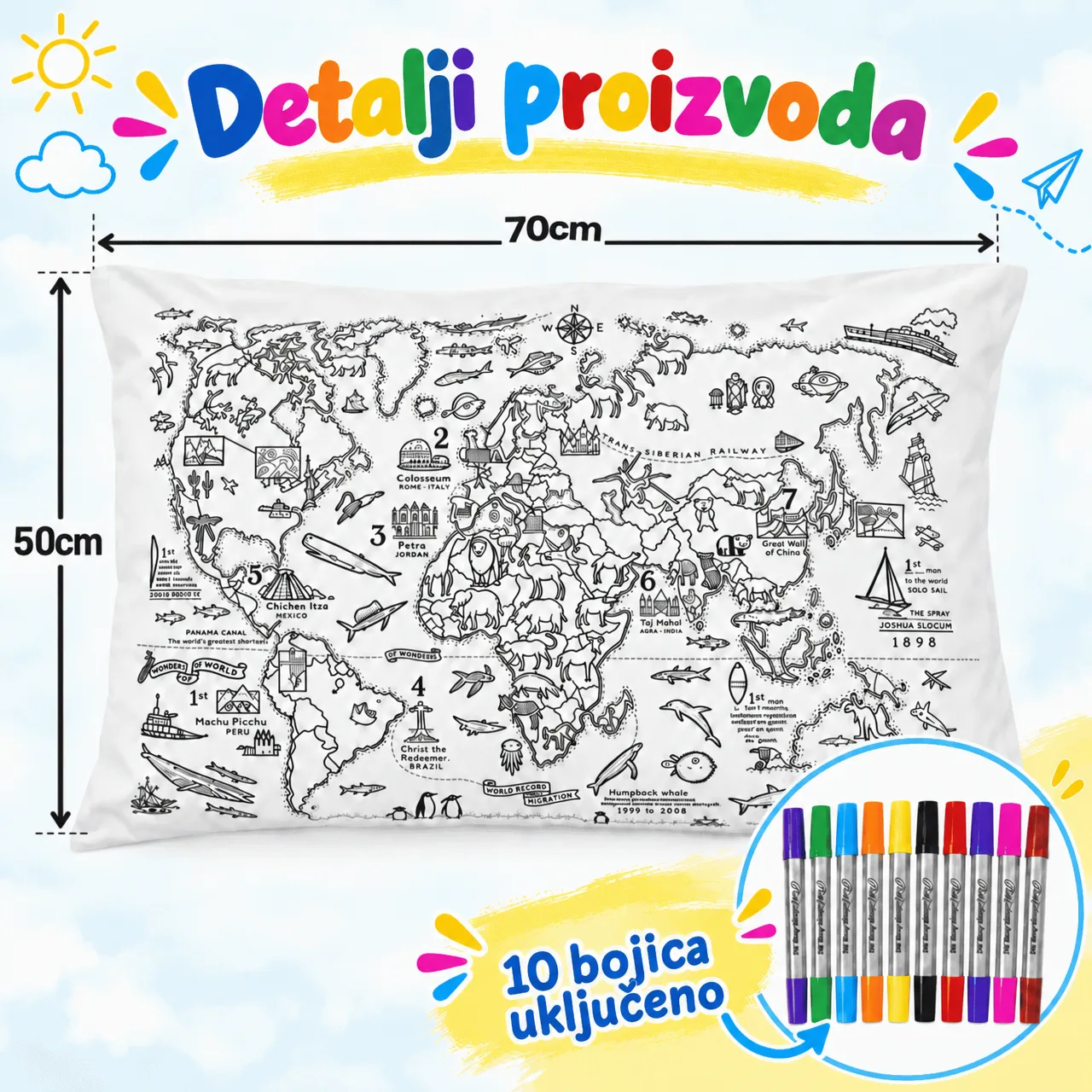 Obojite svoj jastuk – karta svijeta, ColoringPillow - Image 3