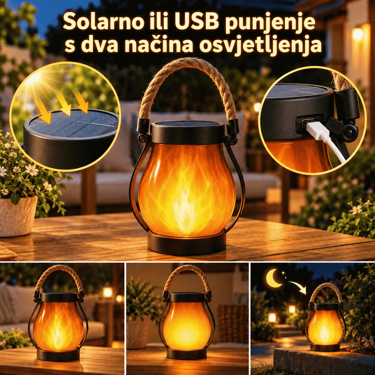 Solarno punjenje ili punjenje putem USB-a i 2 načina osvjetljenja