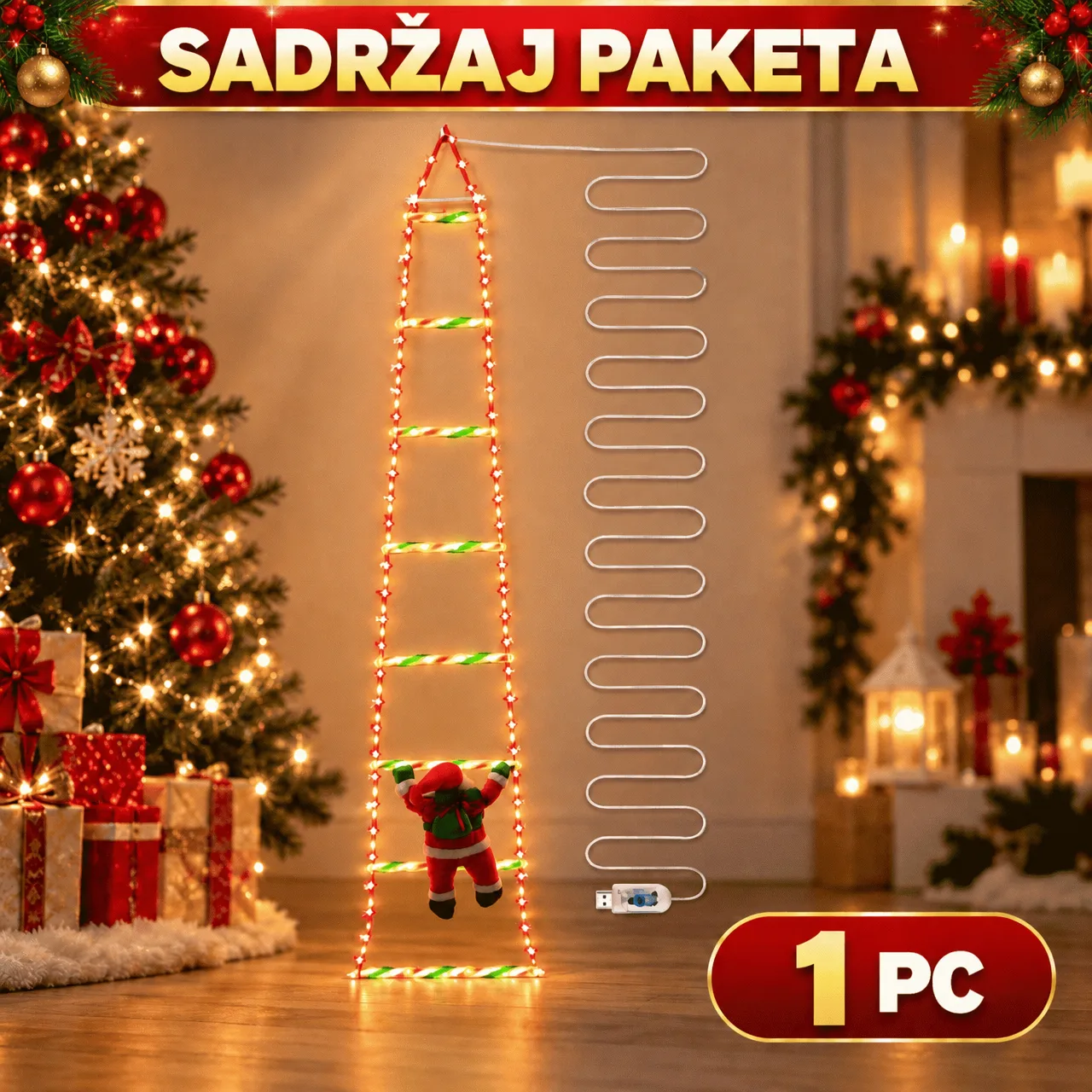 LED božićne ljestve s Djedom Mrazom, ljestve - Image 2