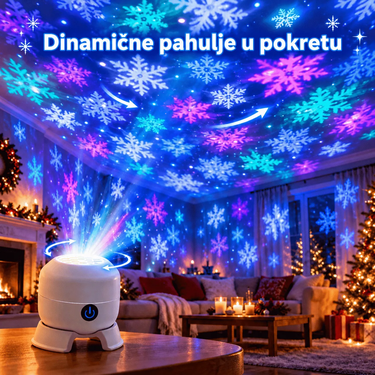 Dinamične snježne pahuljice koje se kreću po prostoriji